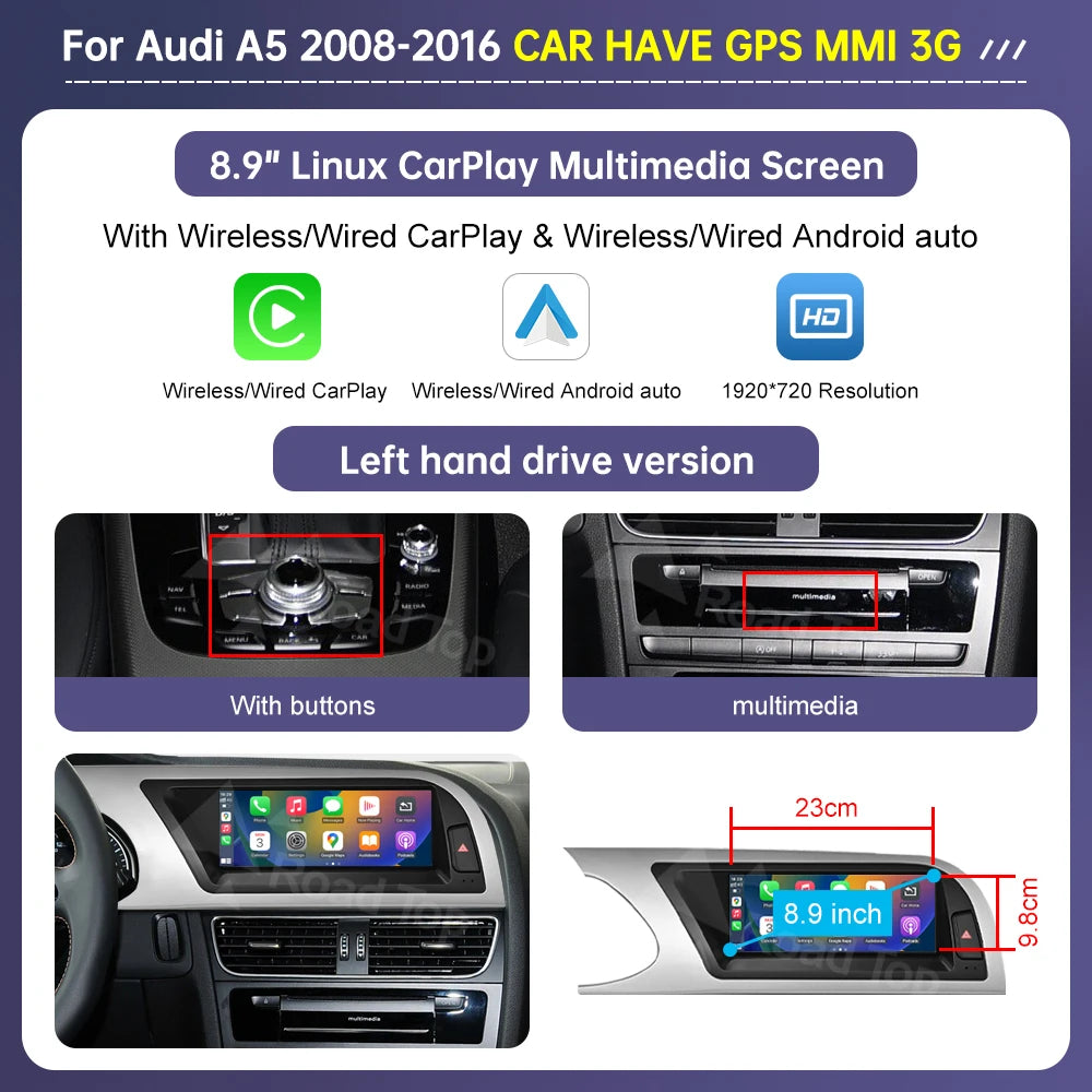 Road Top Radio Multimedia Linux Touch Screen For Audi A5 2008-2016 Wireless CarPlay Android Auto Airplay Car Player Function
