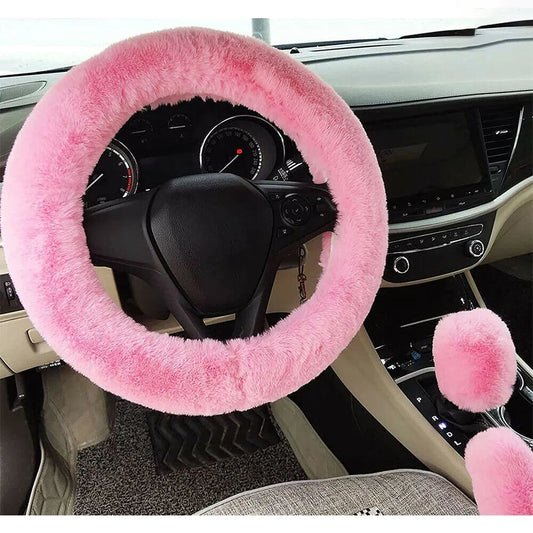 3-Piece Set Plush Steering Wheel Cover 38cm - Complete Winter Set