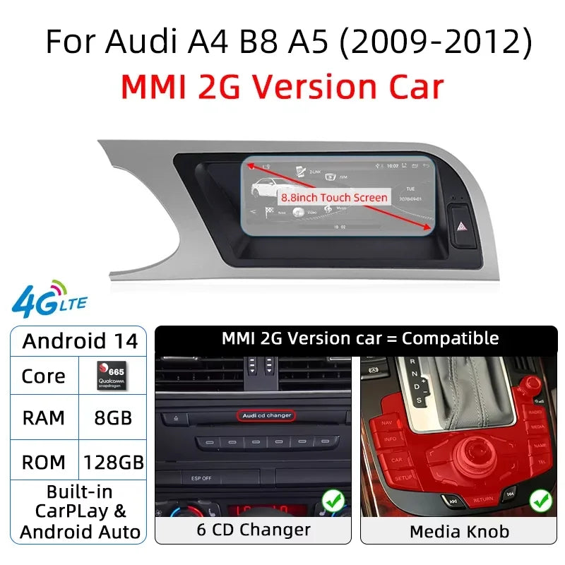Android 14 8+128GB CarPlay For Audi A4 B8 A5 2008 2009 2010 MMI 2G High CD Changer Car Multimedia Player Stereo GPS Navi Screen