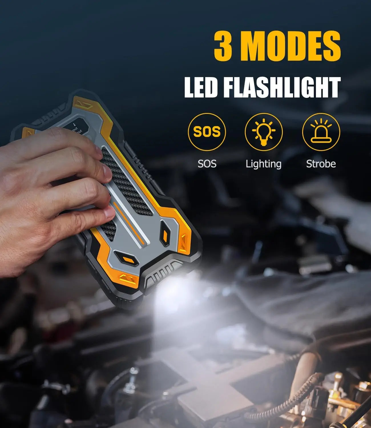 5000A Car Jump Starter, 12V Portable Power Pack with LED Light &amp; Jumper Cables