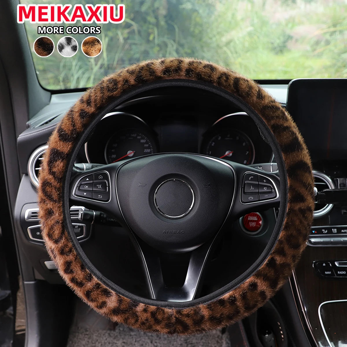 Leopard Print Steering Wheel Cover 14.5" Without Ring - Winter Plush