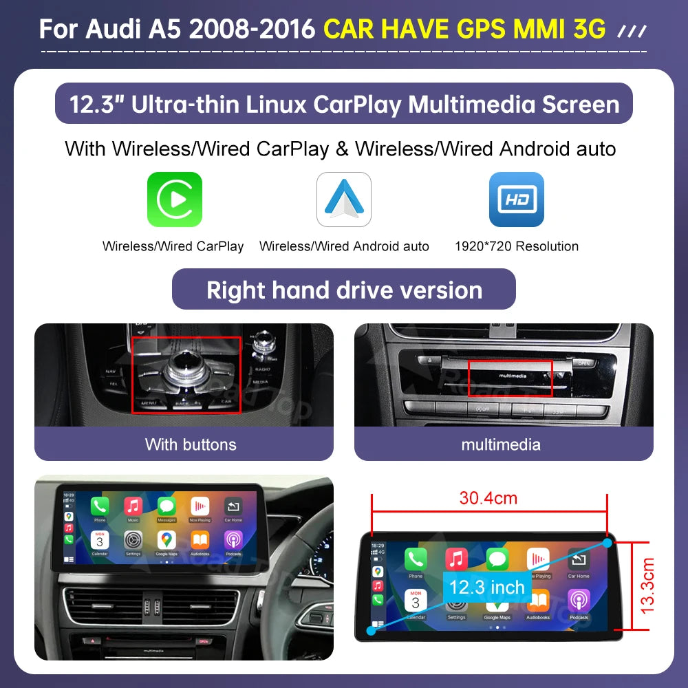 Road Top Radio Multimedia Linux Touch Screen For Audi A5 2008-2016 Wireless CarPlay Android Auto Airplay Car Player Function