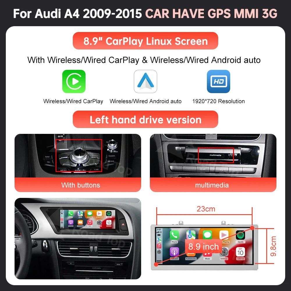 8.9'' 12.3'' Touch Screen Car Multimedia Display For Audi A4 S4 B8 2008-2016 With Wireless Carplay Andriod Auto Airplay Autolink