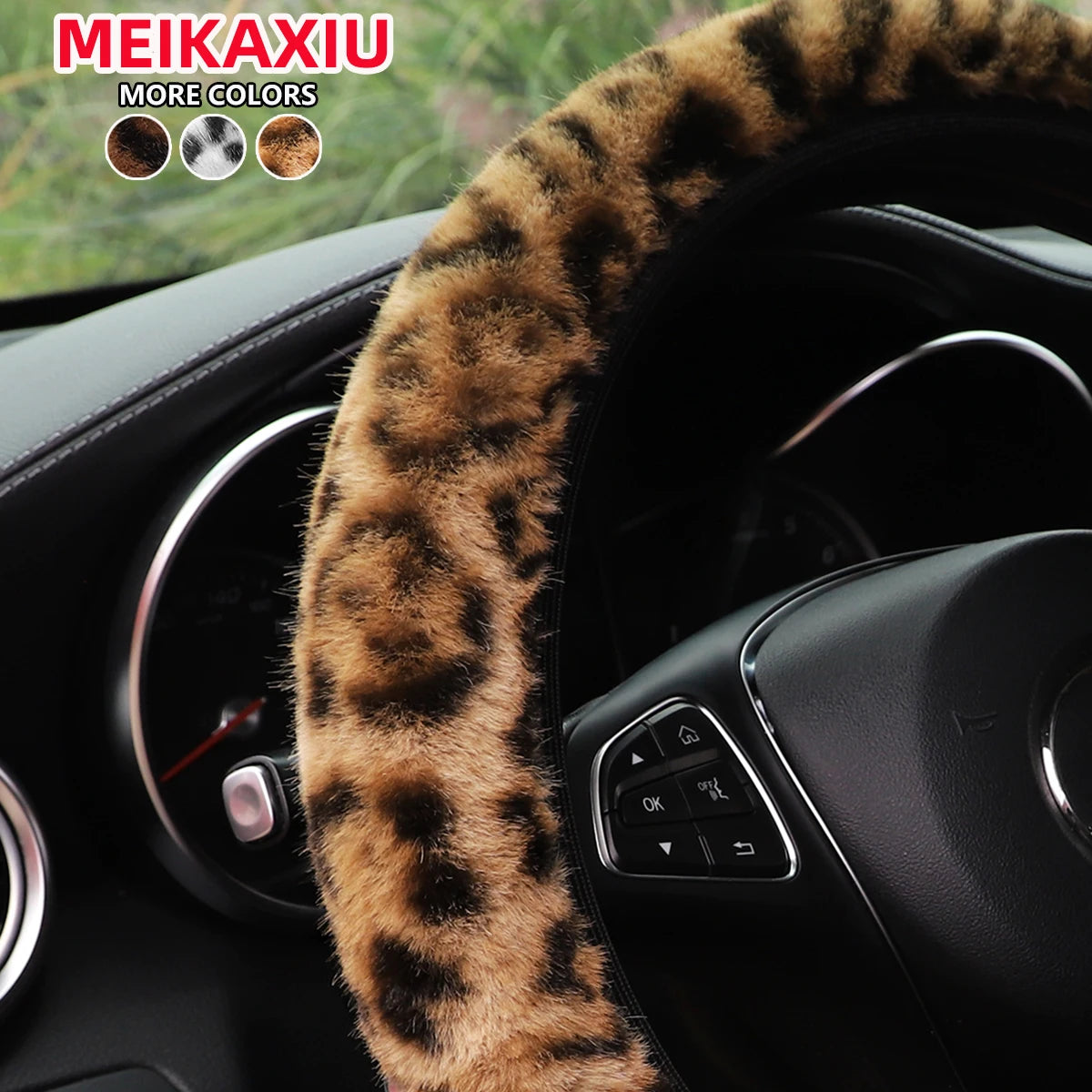 Leopard Print Steering Wheel Cover 14.5" Without Ring - Winter Plush