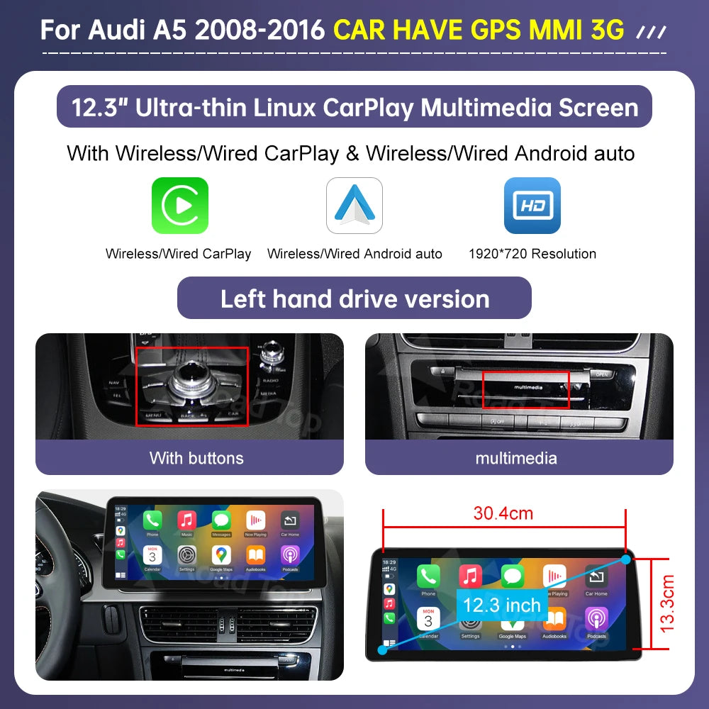 Road Top Radio Multimedia Linux Touch Screen For Audi A5 2008-2016 Wireless CarPlay Android Auto Airplay Car Player Function