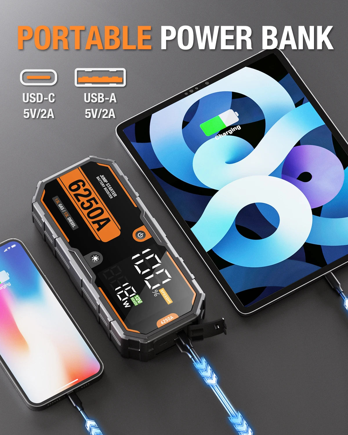 Car 6250A 30000mAh Portable 12V Jump Starter Power Bank 12V Auto Battery Charger Booster Starting Device