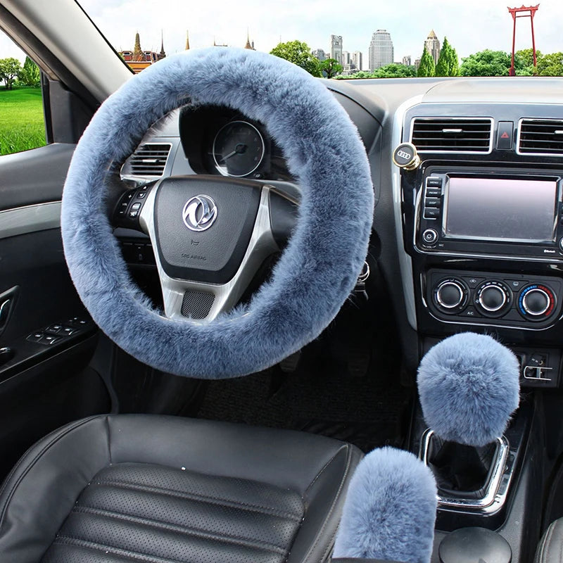 Plush Steering Wheel Cover 36cm + Handbrake - Warm Winter