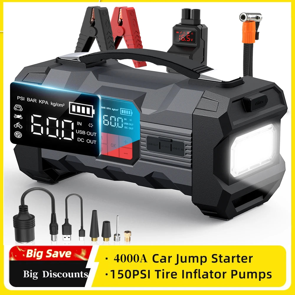 26800mAh Jump Starter with Air Compressor 4000A Booster Tyre Inflator Portable Car Battery Power Bank Charger Air Pump