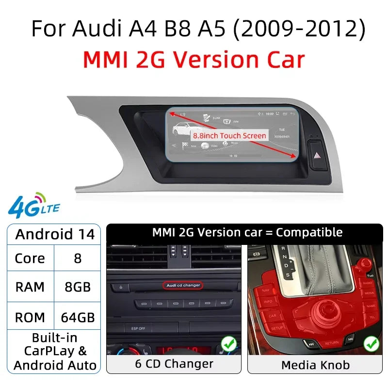 Android 14 8+128GB CarPlay For Audi A4 B8 A5 2008 2009 2010 MMI 2G High CD Changer Car Multimedia Player Stereo GPS Navi Screen