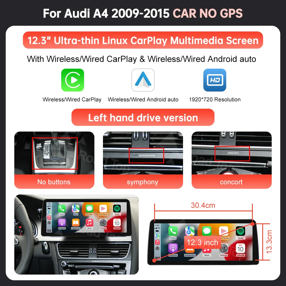 8.9'' 12.3'' Touch Screen Car Multimedia Display For Audi A4 S4 B8 2008-2016 With Wireless Carplay Andriod Auto Airplay Autolink