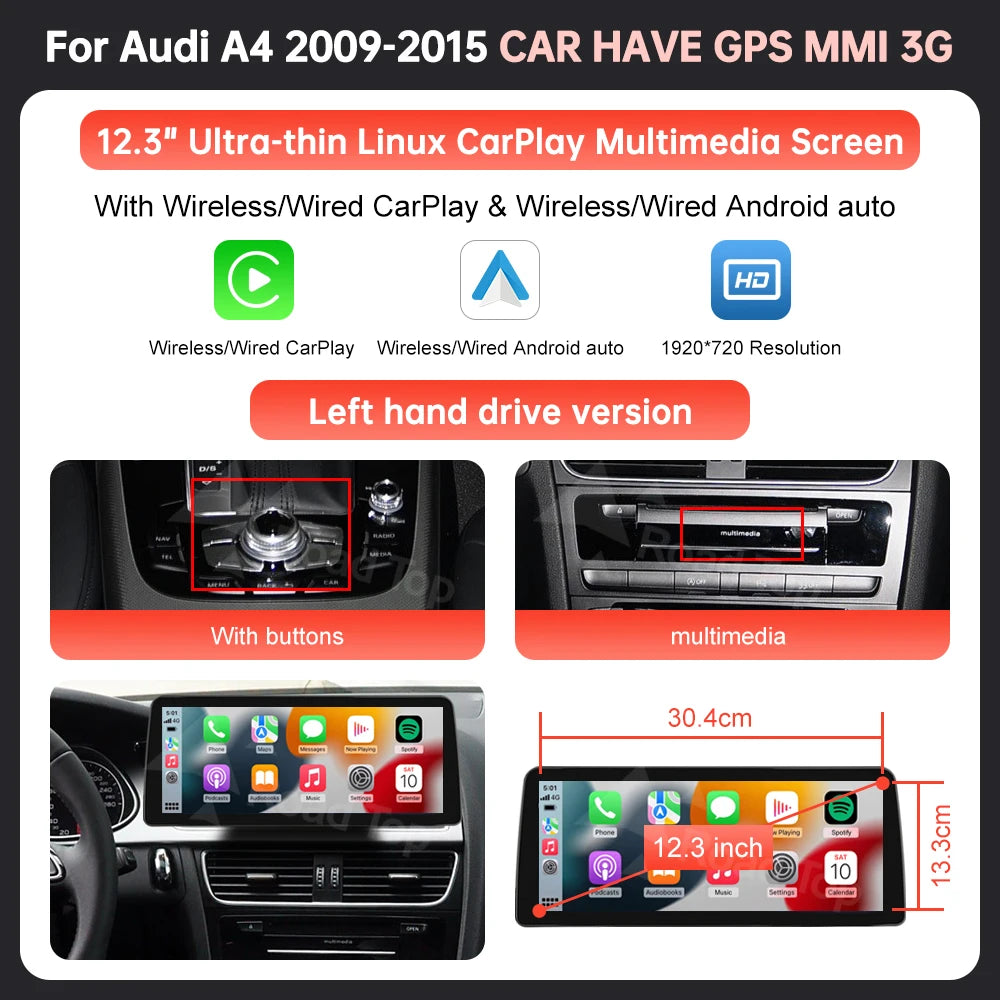 8.9'' 12.3'' Touch Screen Car Multimedia Display For Audi A4 S4 B8 2008-2016 With Wireless Carplay Andriod Auto Airplay Autolink