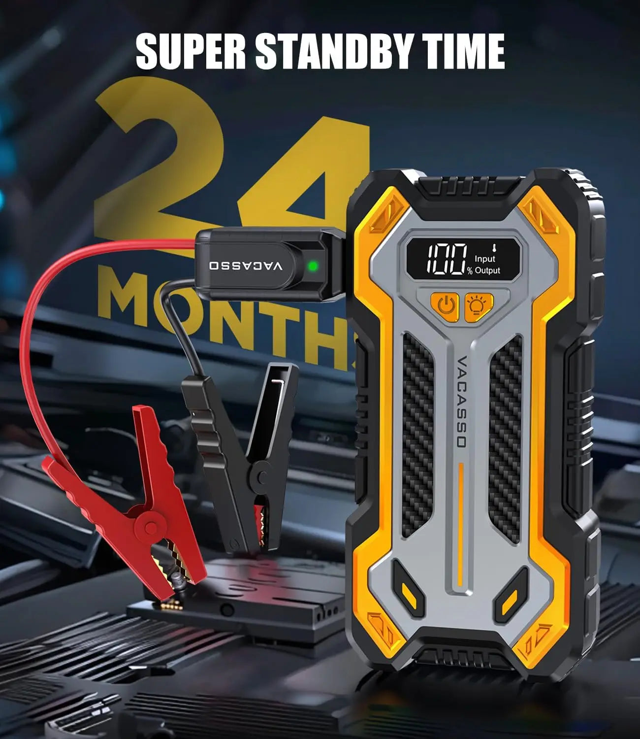 5000A Car Jump Starter, 12V Portable Power Pack with LED Light &amp; Jumper Cables