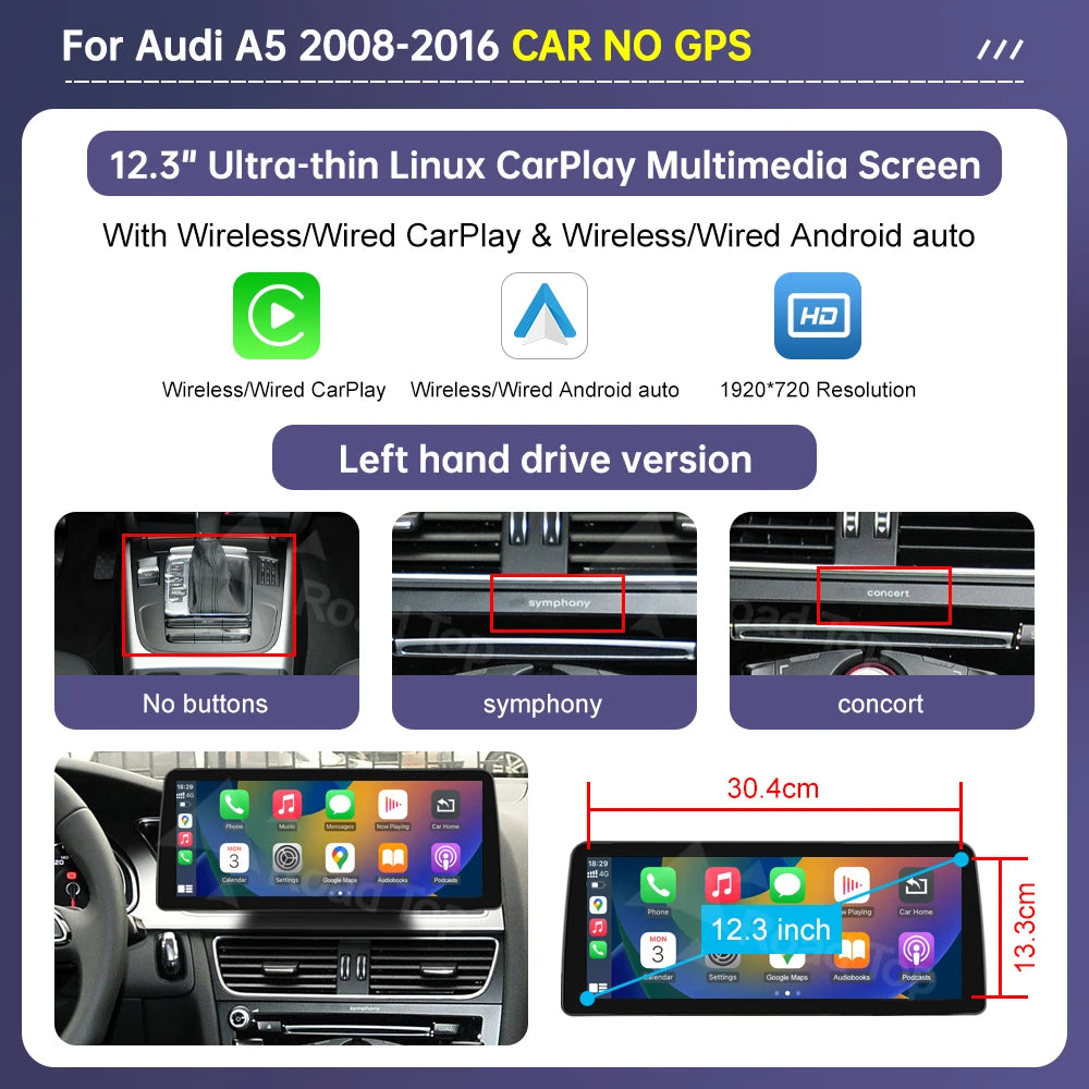 Road Top Radio Multimedia Linux Touch Screen For Audi A5 2008-2016 Wireless CarPlay Android Auto Airplay Car Player Function