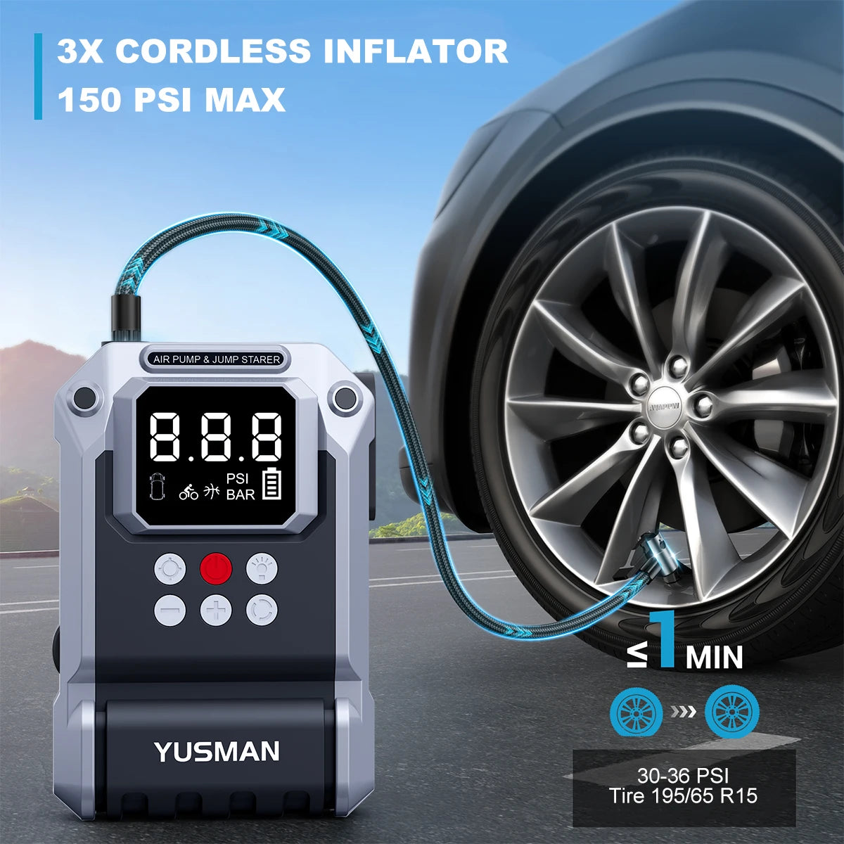 8000A Car Jump Starter with Air Compressor, 150PSI Tire Inflator,12V Battery Booster for ALL Gas/10L Diesel, LED Portable Pack