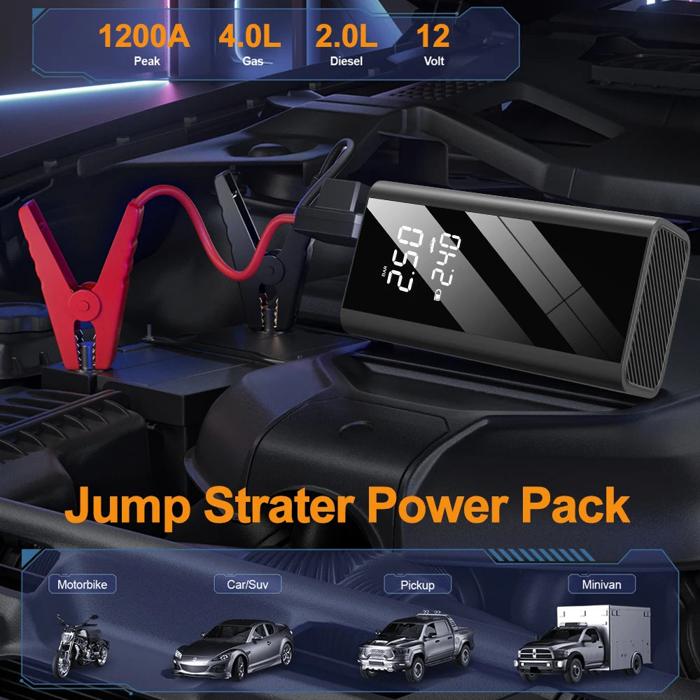 4 In 1 Car Jump Starter Power Bank 1200A 150PSI Auto Air Compressor Wireless Tire Pump Car Battery Booster Starting Device