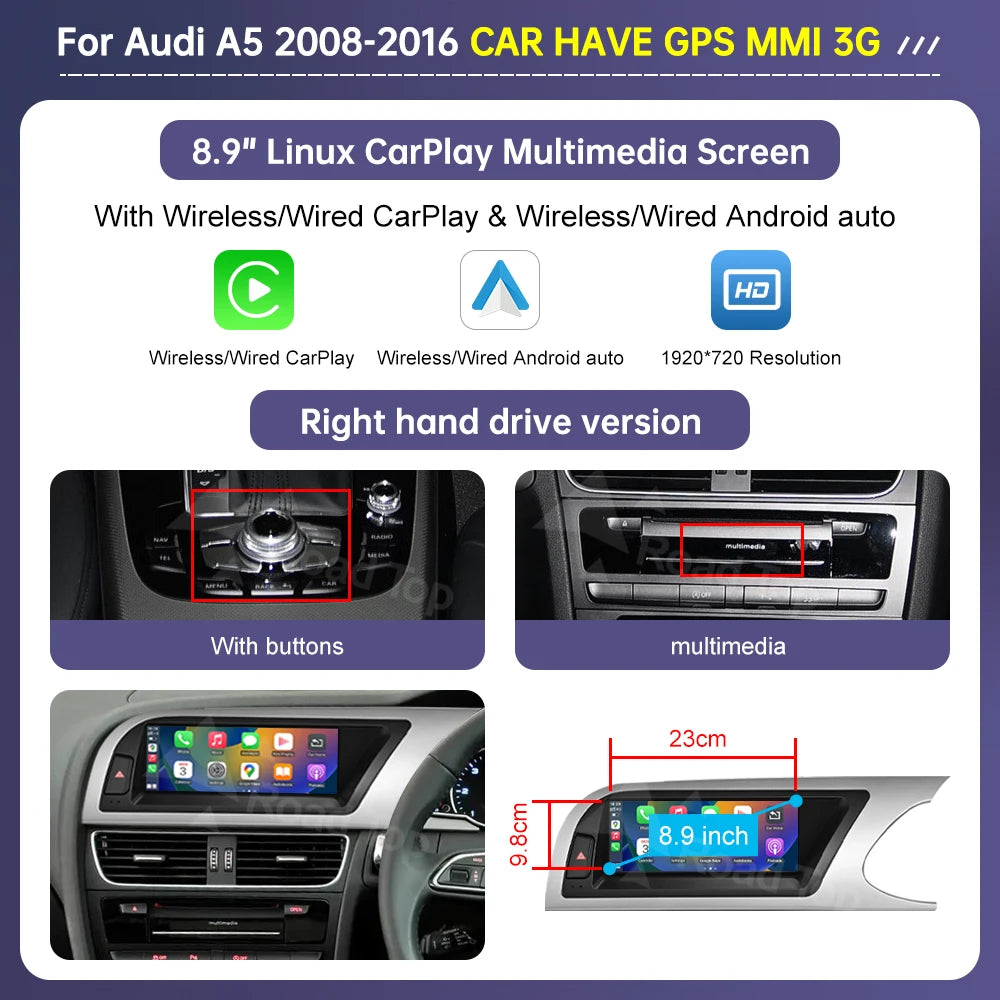 Road Top Radio Multimedia Linux Touch Screen For Audi A5 2008-2016 Wireless CarPlay Android Auto Airplay Car Player Function
