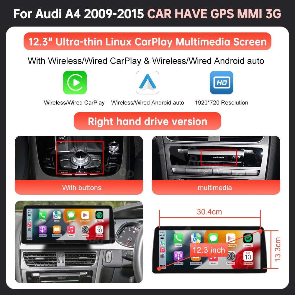 8.9'' 12.3'' Touch Screen Car Multimedia Display For Audi A4 S4 B8 2008-2016 With Wireless Carplay Andriod Auto Airplay Autolink