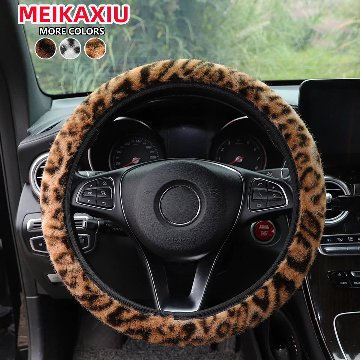 Leopard Print Steering Wheel Cover 14.5" Without Ring - Winter Plush