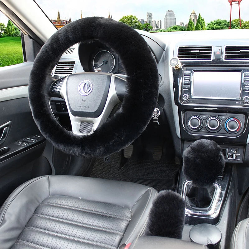 Plush Steering Wheel Cover 36cm + Handbrake - Warm Winter