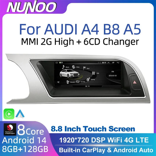 Android 14 8+128GB CarPlay For Audi A4 B8 A5 2008 2009 2010 MMI 2G High CD Changer Car Multimedia Player Stereo GPS Navi Screen