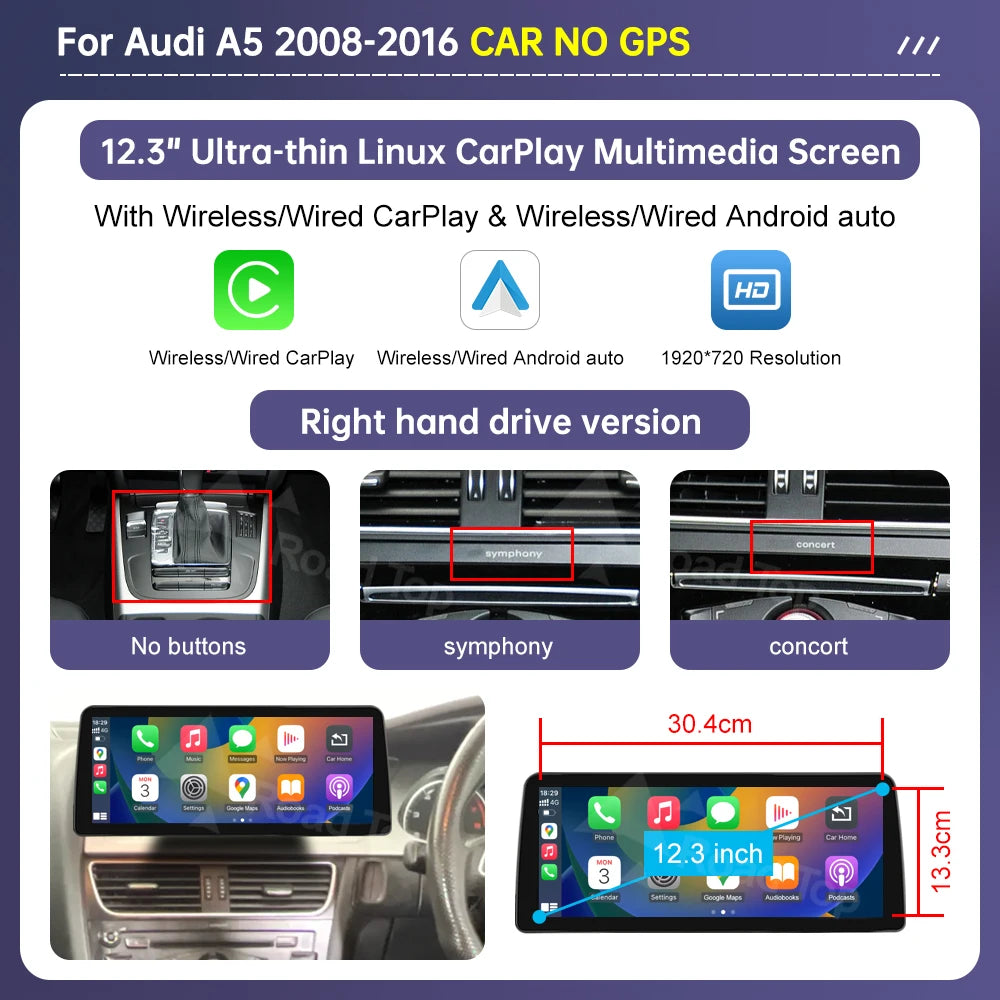 Road Top Radio Multimedia Linux Touch Screen For Audi A5 2008-2016 Wireless CarPlay Android Auto Airplay Car Player Function