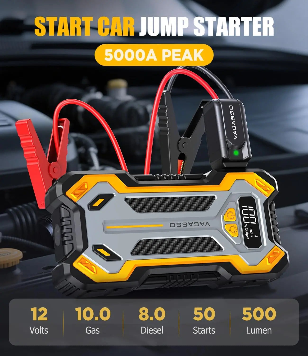 5000A Car Jump Starter, 12V Portable Power Pack with LED Light &amp; Jumper Cables