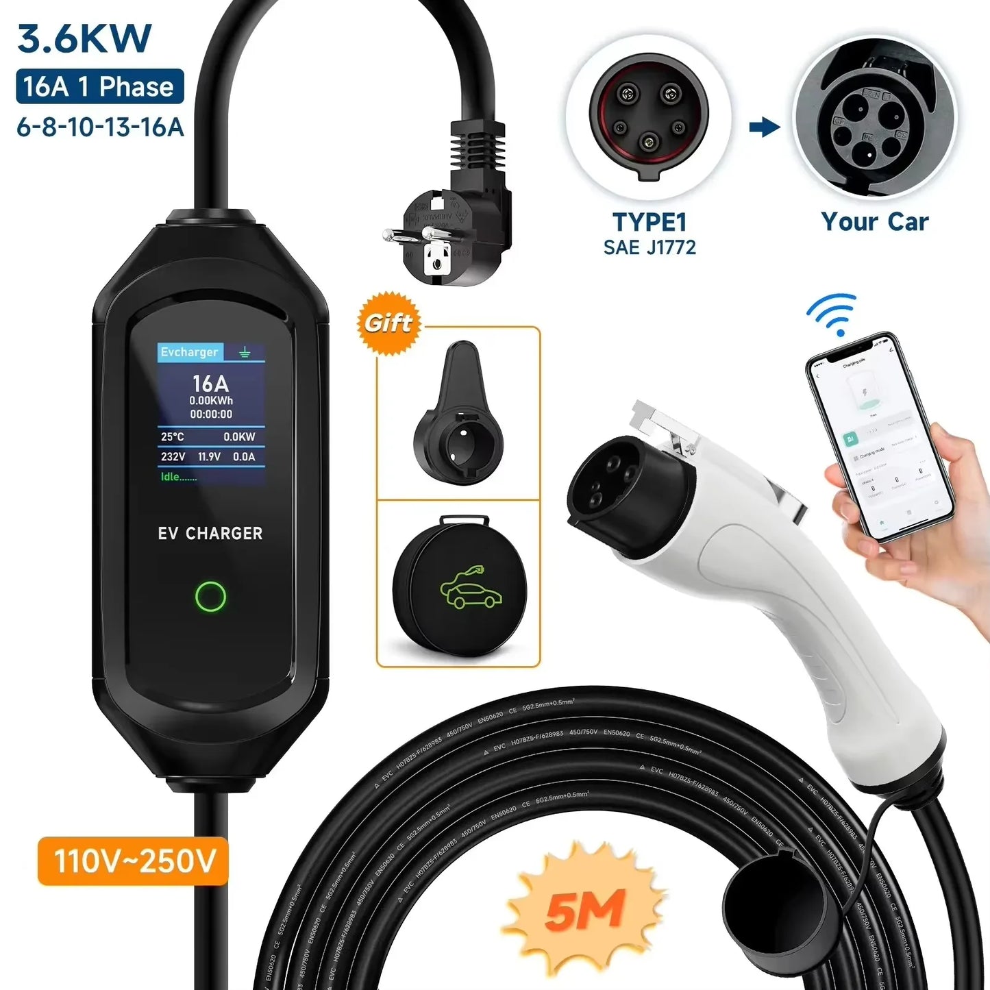 AFEEV 3.6KW 16A Portable EV Charger Type2 IEC62196-2 EVSE Fast Charging Cable Type1 SAE J1772 Electric Car Charger GB/T Wallbox