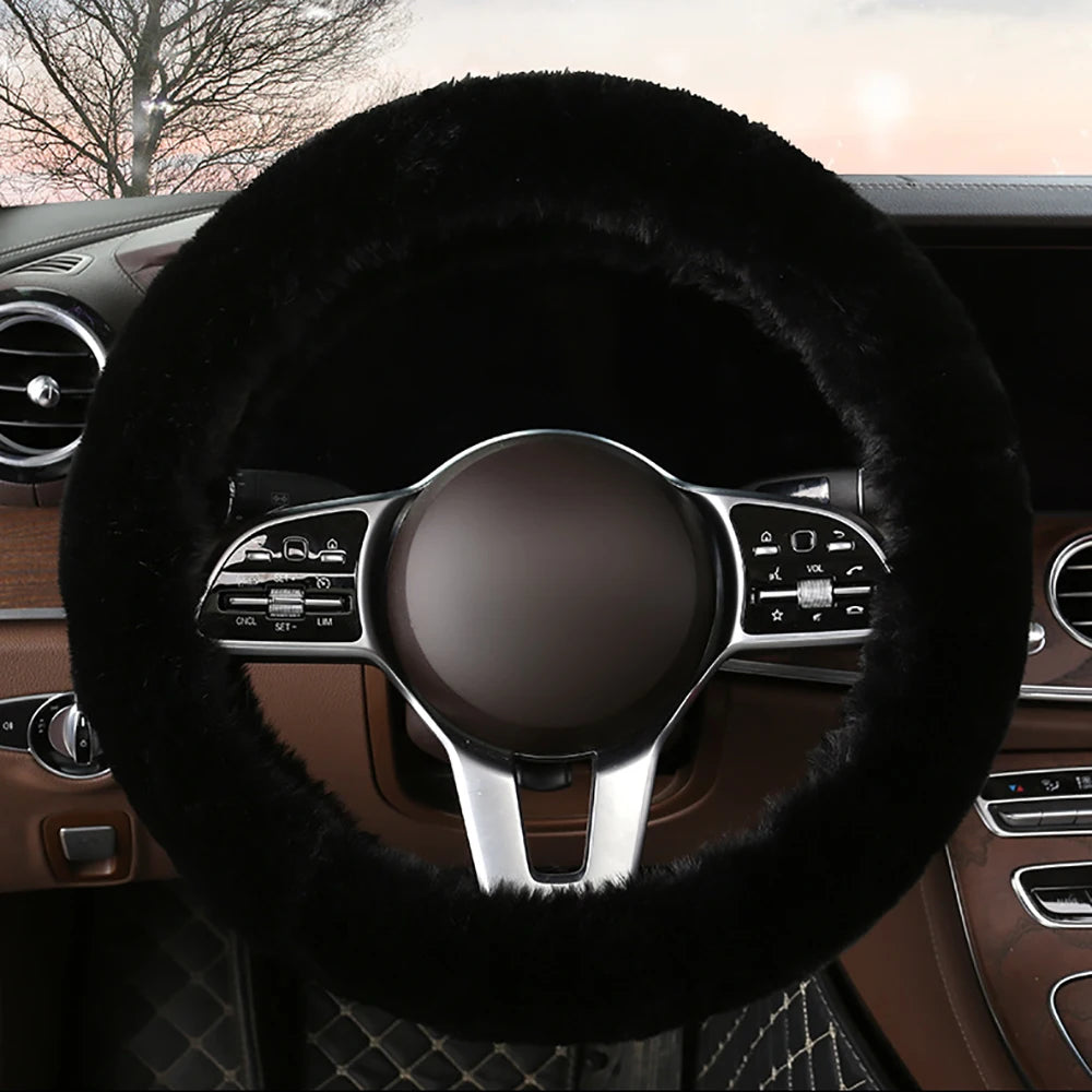 Winter Universal Car Steering Wheel Cover Natural Fur Elastic Plush Cover For 38cm Diameter Steering Wheel Car Accessories