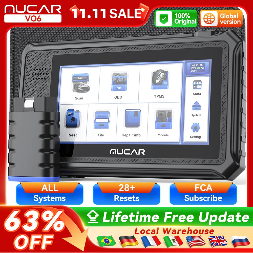 MUCAR VO6 Professional Car Diagnostic Tools Full System 28 Resets Oil DPF BRAKE ETS Lifetime Free Update Auto VIN Obd2 Scanner