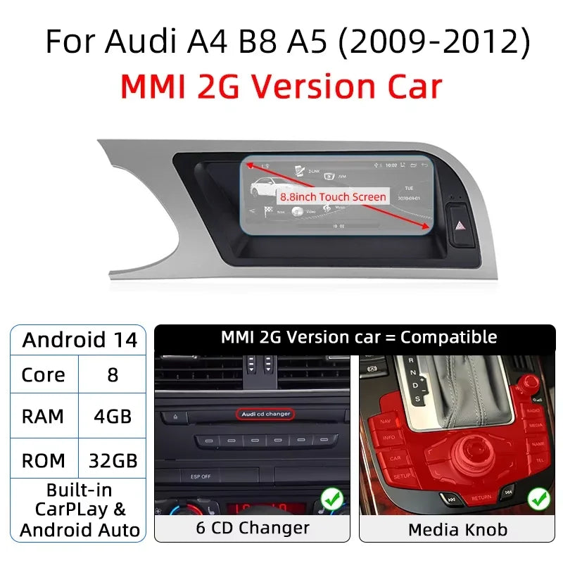 Android 14 8+128GB CarPlay For Audi A4 B8 A5 2008 2009 2010 MMI 2G High CD Changer Car Multimedia Player Stereo GPS Navi Screen