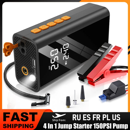 4 In 1 Car Jump Starter Power Bank 1200A 150PSI Auto Air Compressor Wireless Tire Pump Car Battery Booster Starting Device